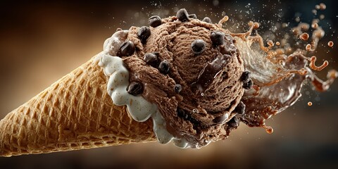 Delicious chocolate ice cream cone with chocolate chips splashing in warm sunlight