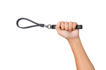 person's hand holding black leather strap isolated on white background