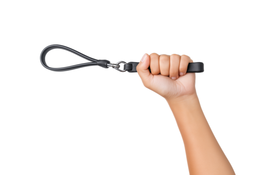 person's hand holding black leather strap isolated on white background