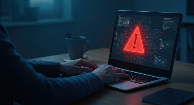 Security Alert: Computer user addresses an urgent warning flashing on the laptop screen indicating potential cybersecurity threat.