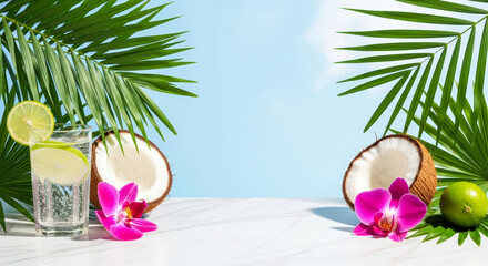 Obraz premium Clean Tropical Branding Scene with Coconut and Orchid Details