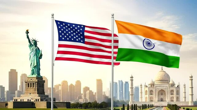 India and USA flags with Taj Mahal and Statue of Liberty, suitable for multicultural concepts, travel, patriotism, and international relations projects, Generative AI