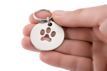 Hand holding dog paw tag isolated on white background