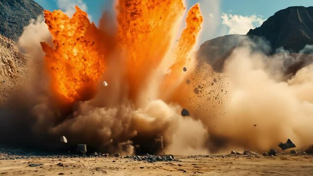 Spectacular explosion in mountains with dust and debris flying, bright fire and sky.