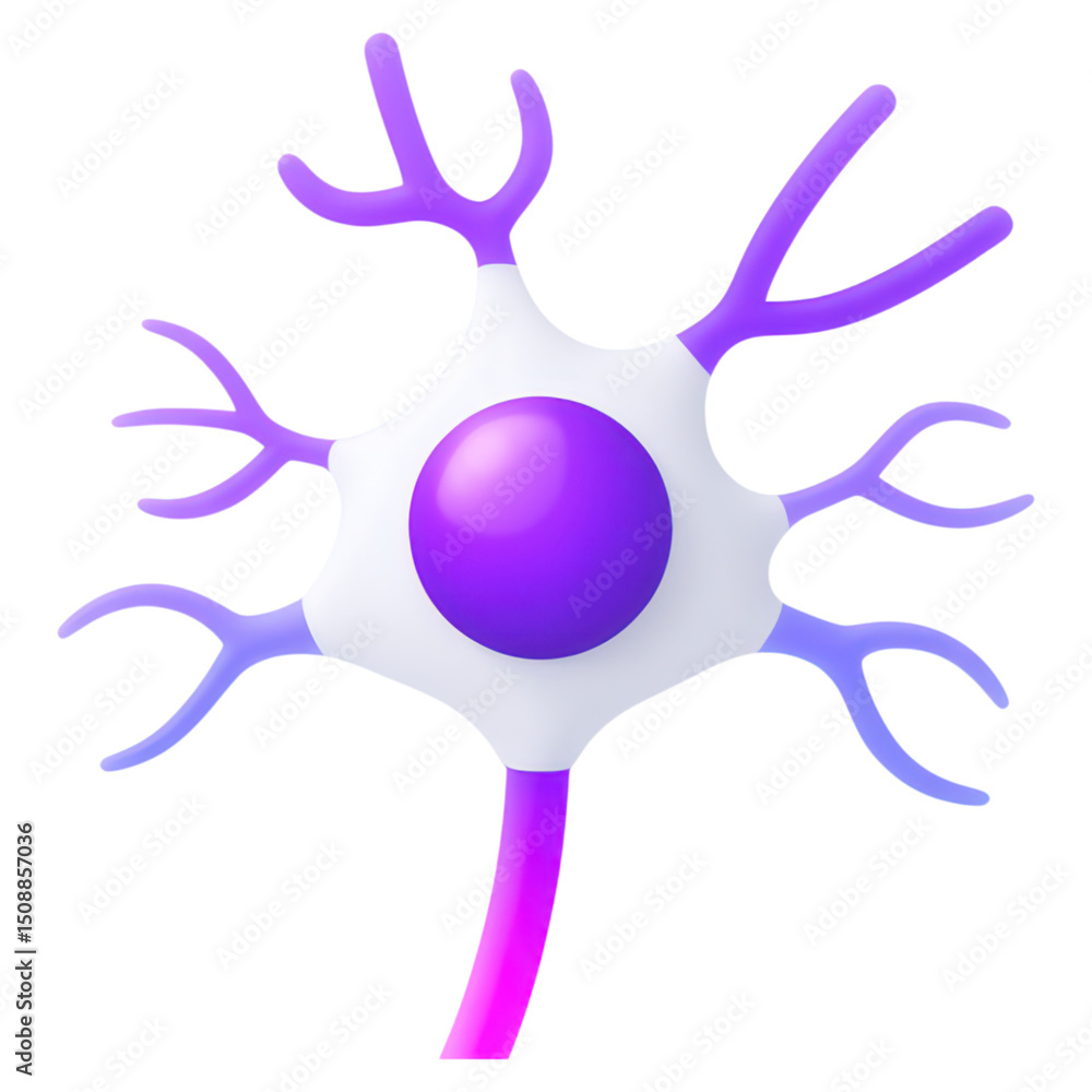 Poster abstract neuron structure with colorful branches and central nucleus design, isolated on transparent