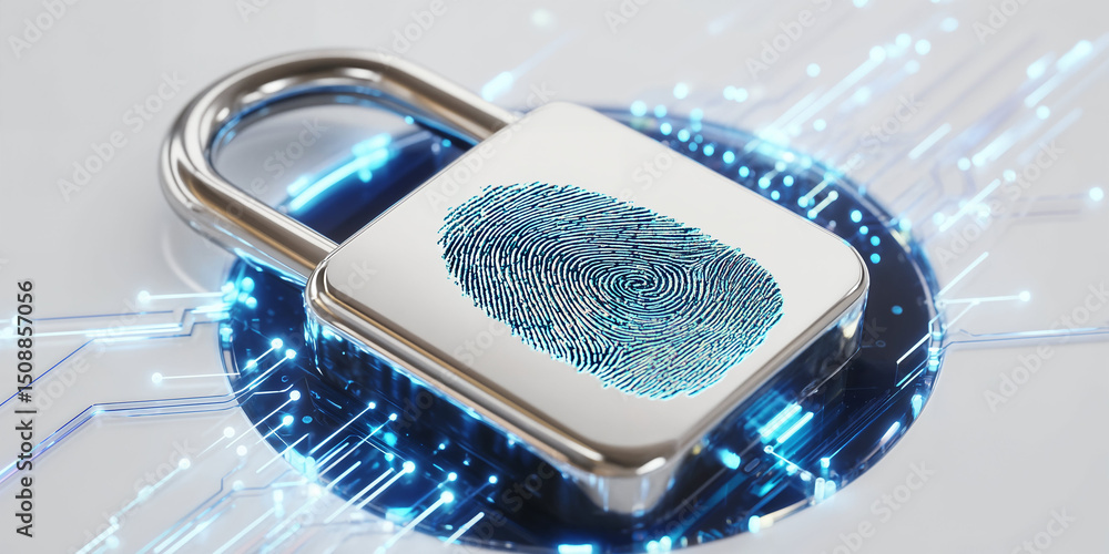 Poster padlock protecting fingerprint on circuit board symbolizing digital security