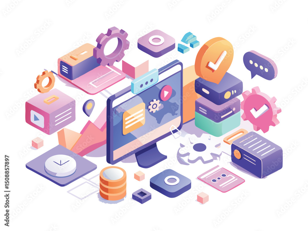 Poster isometric web development concept isolated on white background