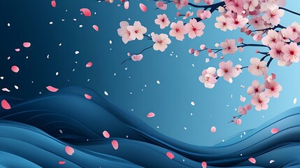 Elegant abstract blue background featuring soft wave lines and delicate sakura cherry blossom patterns, designed as a vector presentation template for modern, and nature-inspired themes in design use