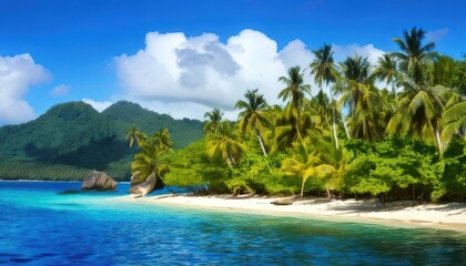 Tropical beach with clear blue water, palm trees, white sand, and lush green mountains under a bright sky with fluffy clouds.