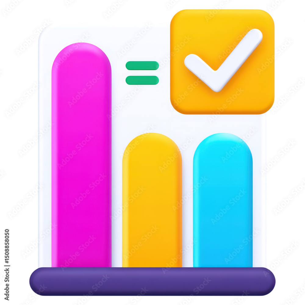 Poster colorful bar chart with checkmark icon for data analysis and performance metrics, isolated on transp