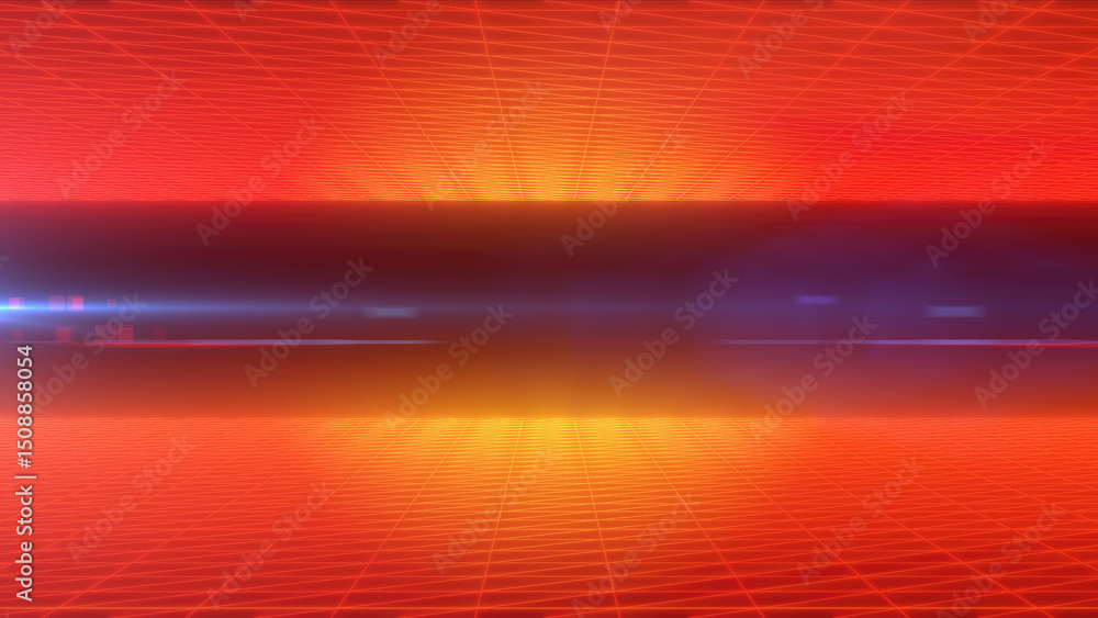 Poster an energetic digital space with a red and orange glowing grid pattern, evoking a sense of futuristic