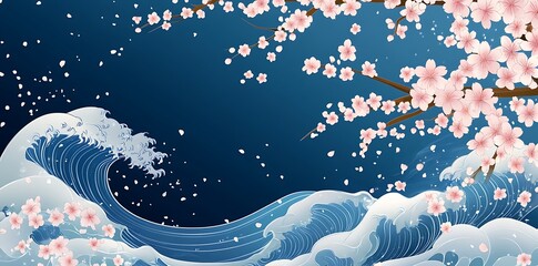 Elegant abstract blue background featuring soft wave lines and delicate sakura cherry blossom patterns, designed as a vector presentation template for modern, and nature-inspired themes in design use