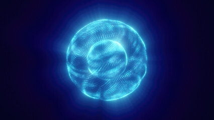 Obraz premium Futuristic glowing blue sphere composed of digital lines and dots on a dark background, representing technology, data, and innovation