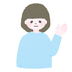 水色のブラウスの女性が指をさして案内するイラスト