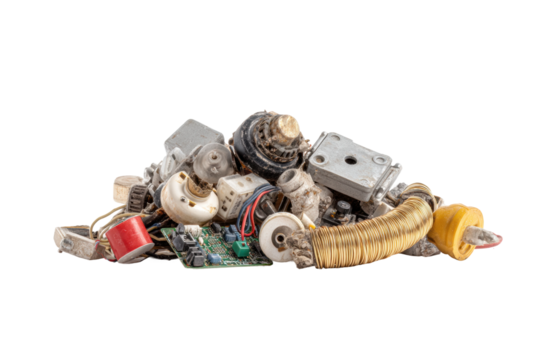 PNG Assorted electronic components and circuit board isolated on black background - Powered by Adobe