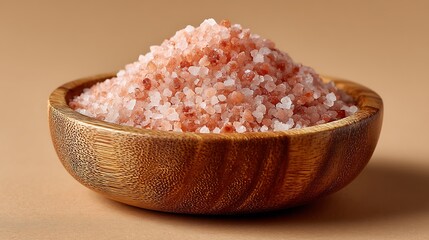 A bowl full of Himalayan pink salt on a solid sand-colored background