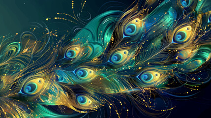 Elegant Peacock Feather Vector Background with Gold Sparkles and Ornate Decorative Flourishes