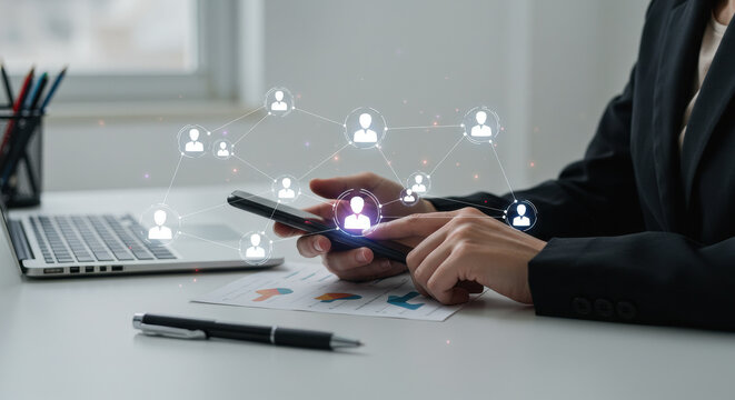Networking woman in suit uses smartphone to connect with contacts and analyze business charts, fostering global communication.