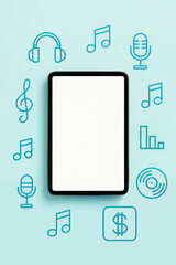 Tableta con pantalla en blanco e iconos de música. Ideal para tecnología de audio, innovación digital y diseño UI/UX. Mockup limpio para mostrar contenido.