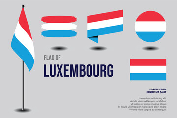 Set of Luxembourg flag in 5 designs: flag on pole, brush stroke, skew, round and standard. vector, flat, isolated on grey background. Perfect for various design projects