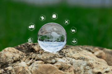 Clear Globe on Rock with Icons Representing Environmental Sustainability