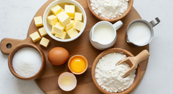 Baking Ingredients Laid Out: Preparing for Home Baking with Flour, Butter, Eggs, Milk, and Sugar on a Wooden Board