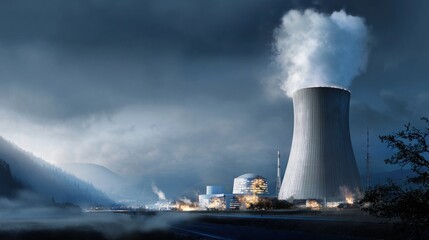 A nuclear power plant at night, illuminated by the glow of white steam rising from its towers and blue lights illuminating nearby buildings. In front is an active river with misty water. 
