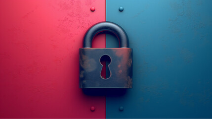 Split-tone padlock on red and blue metal surface. Represents duality of access and restriction. Useful for cybersecurity themes, data encryption visuals, or access control messaging.