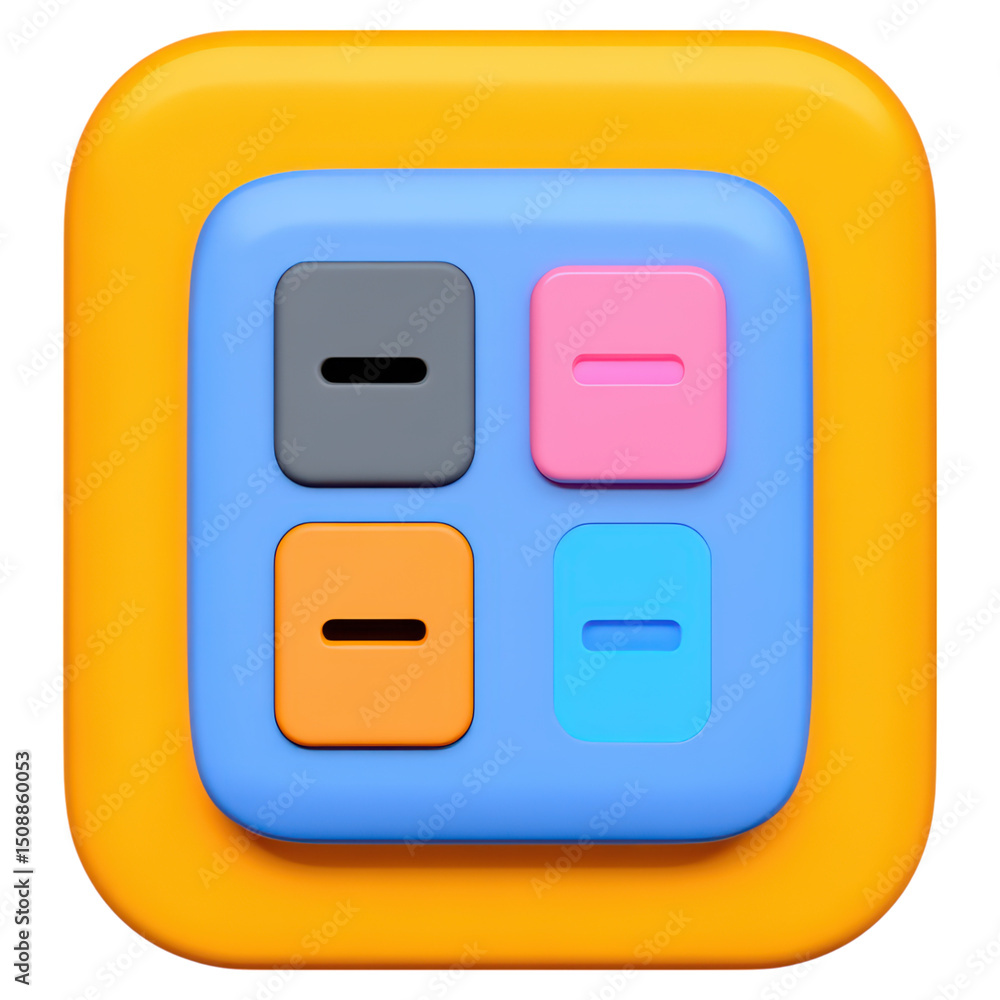 Poster colorful abstract button icon with four distinct shapes on vibrant background, isolated on transpare
