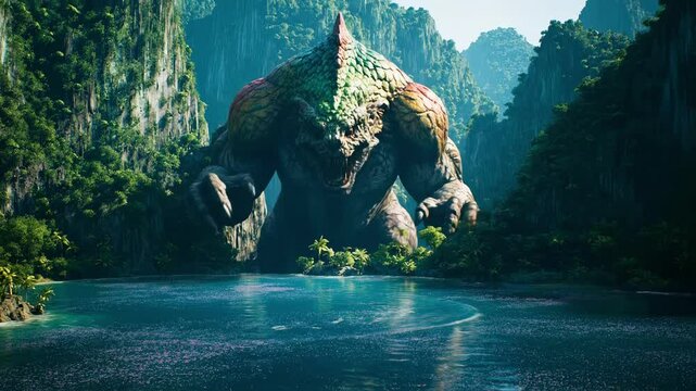 Majestic giant creature overlooking a serene river in a lush valley, surrounded by vibrant greenery and majestic cliffs - sea monster