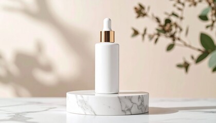 Realistic image of blank cosmetic packaging bottle on marble pedestal with shadows, soft beige background, high resolution