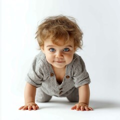 Fototapeta premium Adorable baby crawling on a soft surface with bright eyes and curly hair.