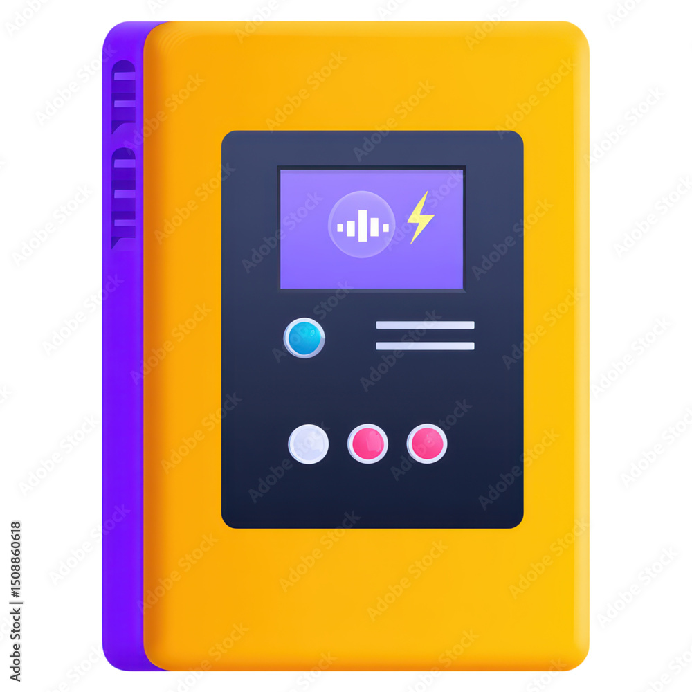 Poster bright and colorful power control interface with buttons and touch screen, isolated on transparent b