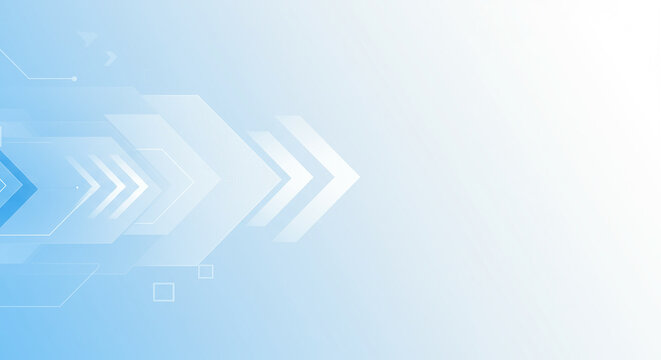 Abstract futuristic background with soft blue and white gradient, overlapping transparent geometric shapes and arrows pointing forward, clean and minimal style