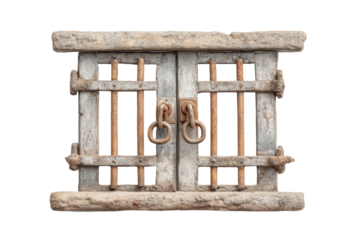 PNG Antique jail cell bars with rusted iron chains on vintage wooden frame