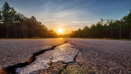 a close up of a cracked asphalt road with a blurred background showing a forest and sunset