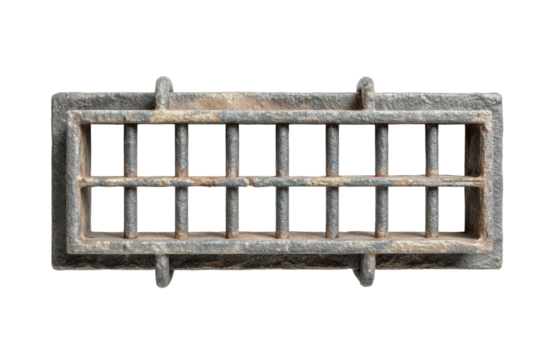 PNG Rustic stone castle dungeon window with iron bars on black background