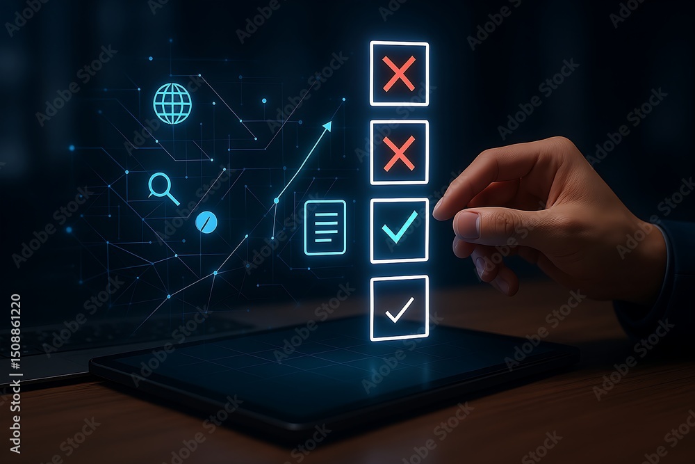 Poster a hand interacts with a digital tablet displaying a checklist of approvals and rejections