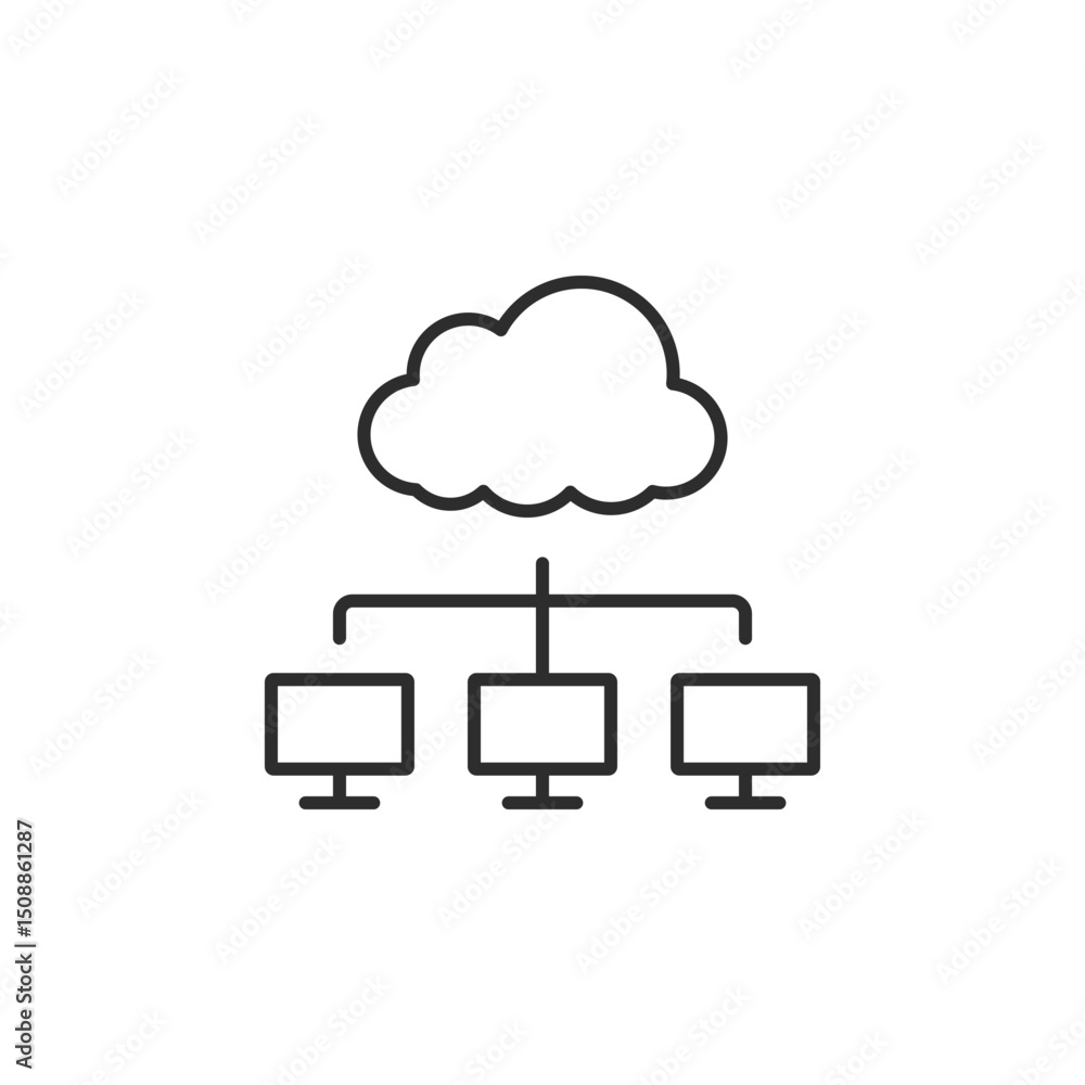 Poster this icon vividly illustrates a cloud connecting to multiple computer screens, representing the conc