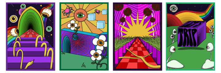 Psychedelic poster set featuring trippy cubes, surreal mushrooms, rainbow skies, cosmic elements, distorted typography, and vibrant dreamlike visuals in bold retro style.