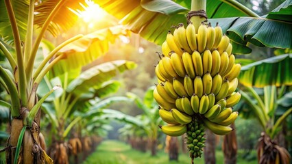 Fototapeta premium A cluster of ripe bananas hanging from a tree in an Indonesian plantation with lush green leaves and vibrant tropical flowers surrounding it , farm life, indonesia