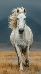 Majestic white horse galloping across golden grasslands under dramatic clouds