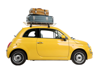 small yellow car ready for road trip vacations, suitcases luggage on top, loaded, isolated on transparent background