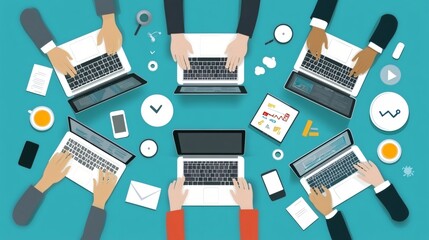 flat vector scene showing remote team video conferencing, online meeting, diverse colleagues using laptops, remote work technology