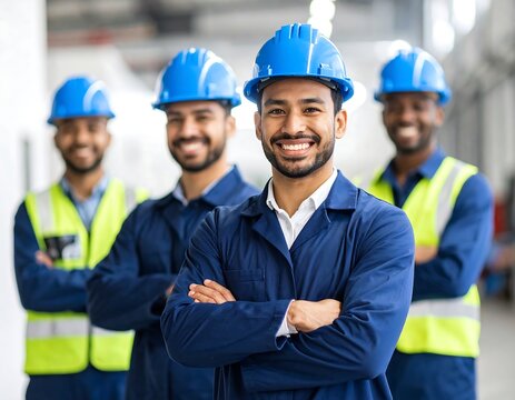 Smiling industrial workers in blue uniforms and hard hats