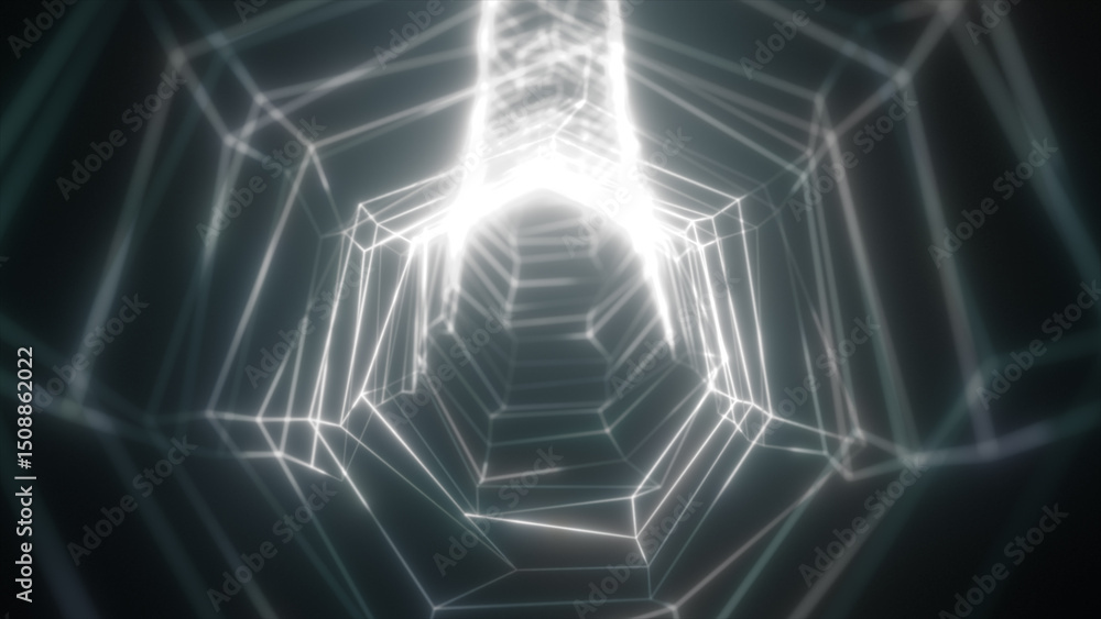 Poster abstract geometric tunnel formed by glowing white wireframe lines, creating a futuristic web-like st