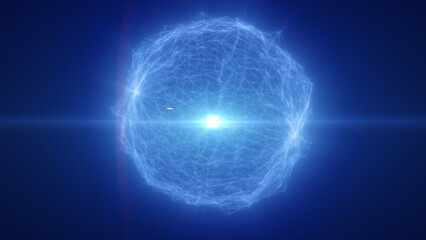 Luminous blue digital sphere with radiant light burst and structured filaments, conveying energy, innovation, and futuristic intelligence