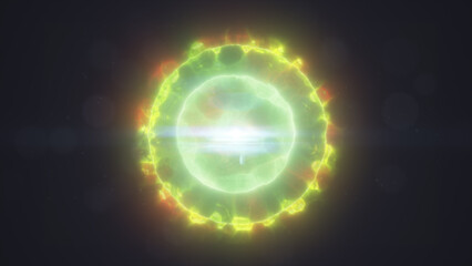 Bright neon green glowing sphere with energy waves and light flares, radiating a futuristic digital effect