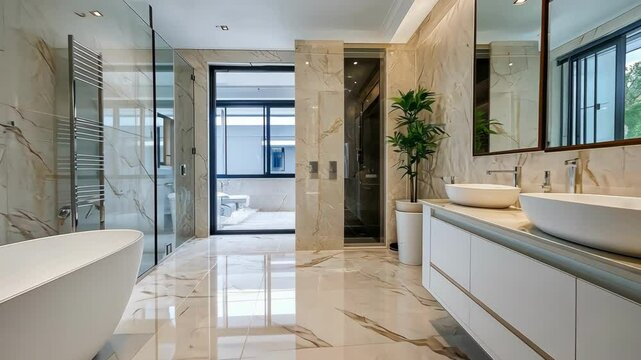 Elegant bathroom interior design featuring bathtub, marble, and modern sink, spacious and bright bathroom with large mirror and window. - Powered by Adobe