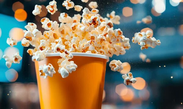 Popcorn bursts from cup in lively celebration of cinema snacks at local theater